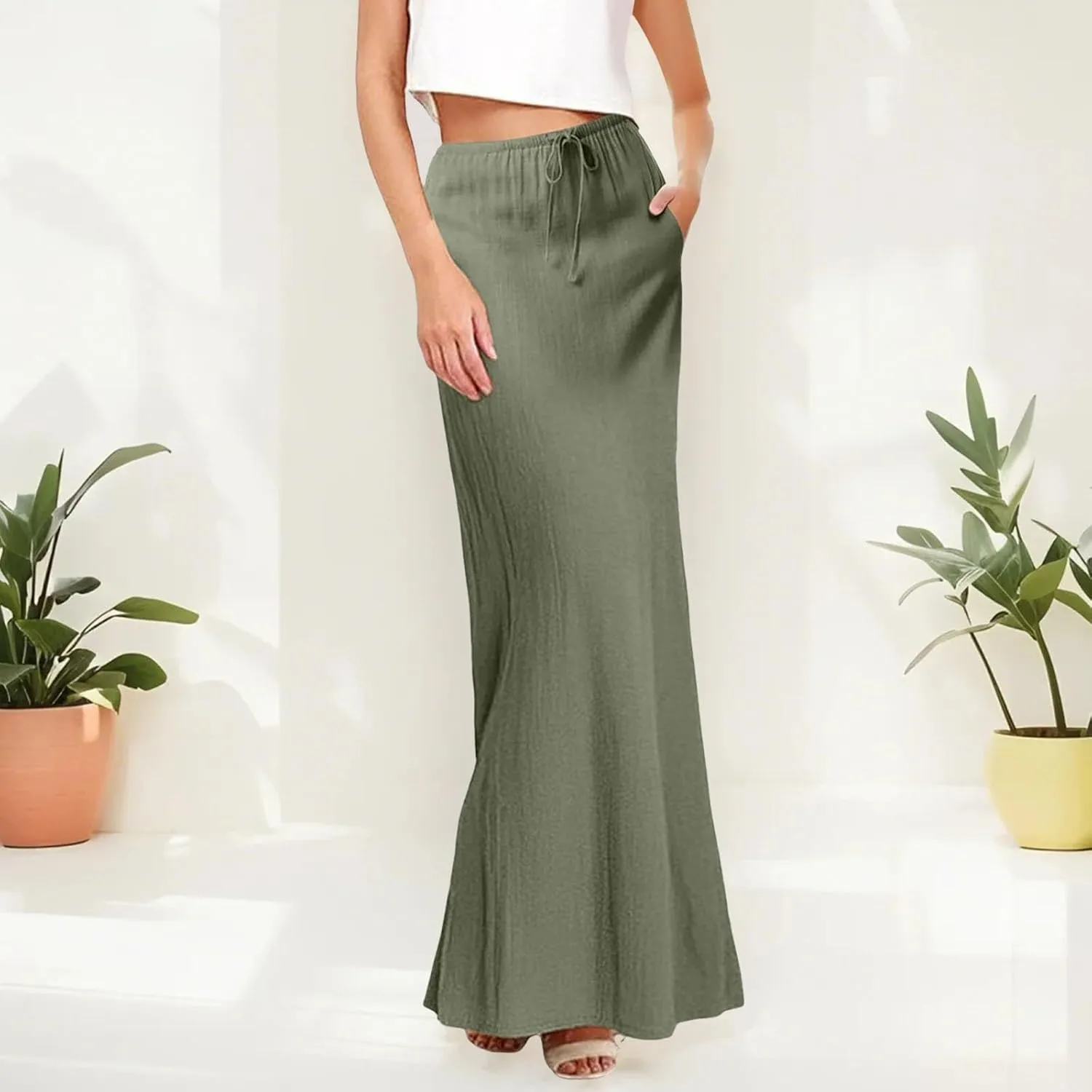 Maxi Skirts for Women Elastic Waist Drawstring Linen Flared Boho Beach Elegant Flowy Ankle Length Skirt with Back Slit