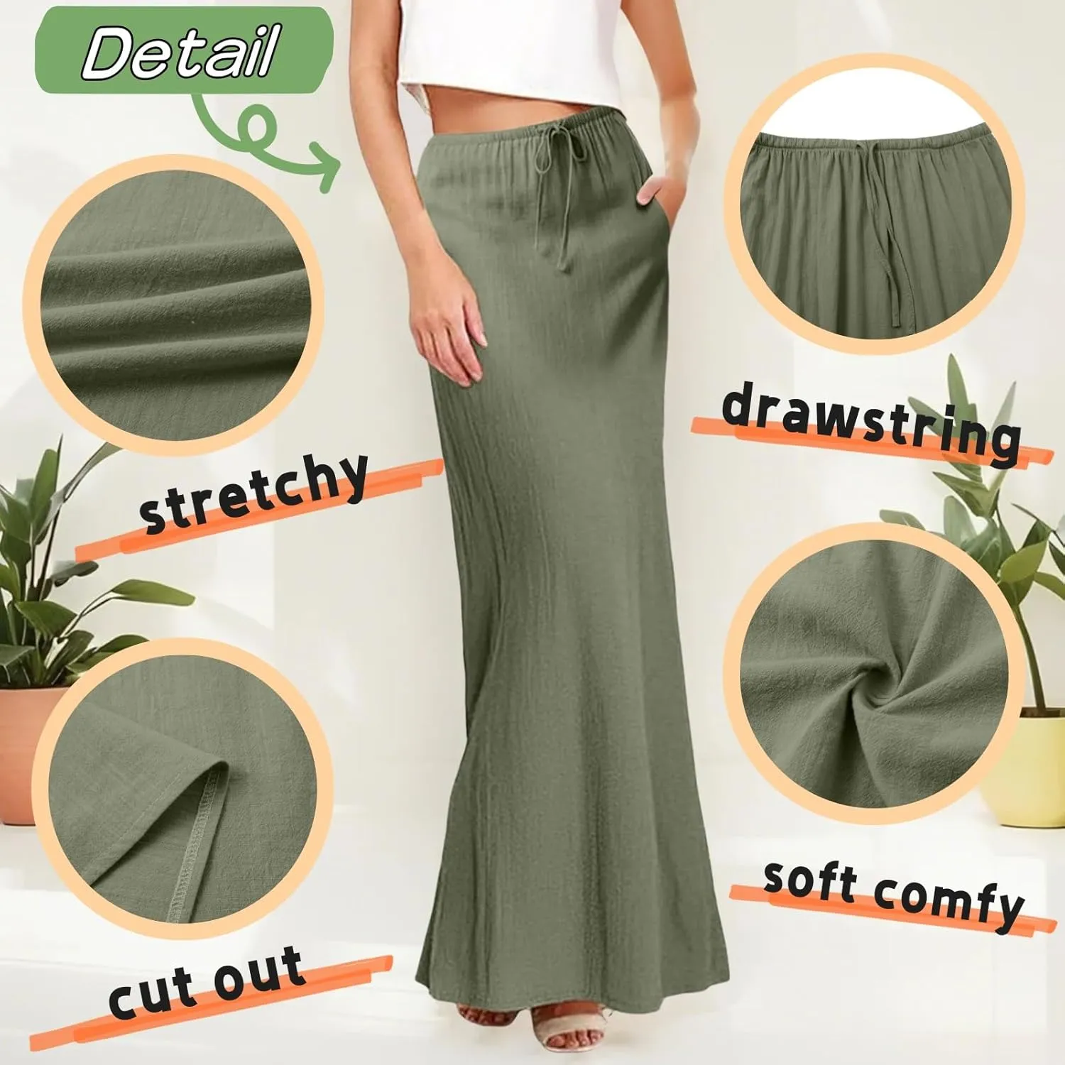 Maxi Skirts for Women Elastic Waist Drawstring Linen Flared Boho Beach Elegant Flowy Ankle Length Skirt with Back Slit