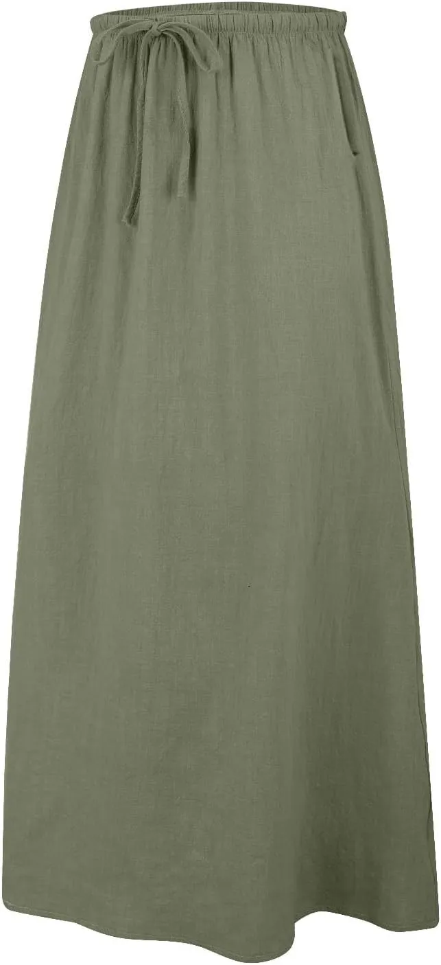 Maxi Skirts for Women Elastic Waist Drawstring Linen Flared Boho Beach Elegant Flowy Ankle Length Skirt with Back Slit