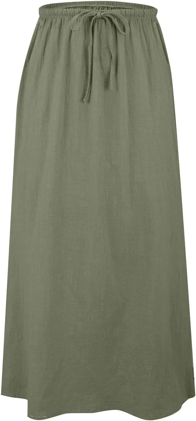 Maxi Skirts for Women Elastic Waist Drawstring Linen Flared Boho Beach Elegant Flowy Ankle Length Skirt with Back Slit