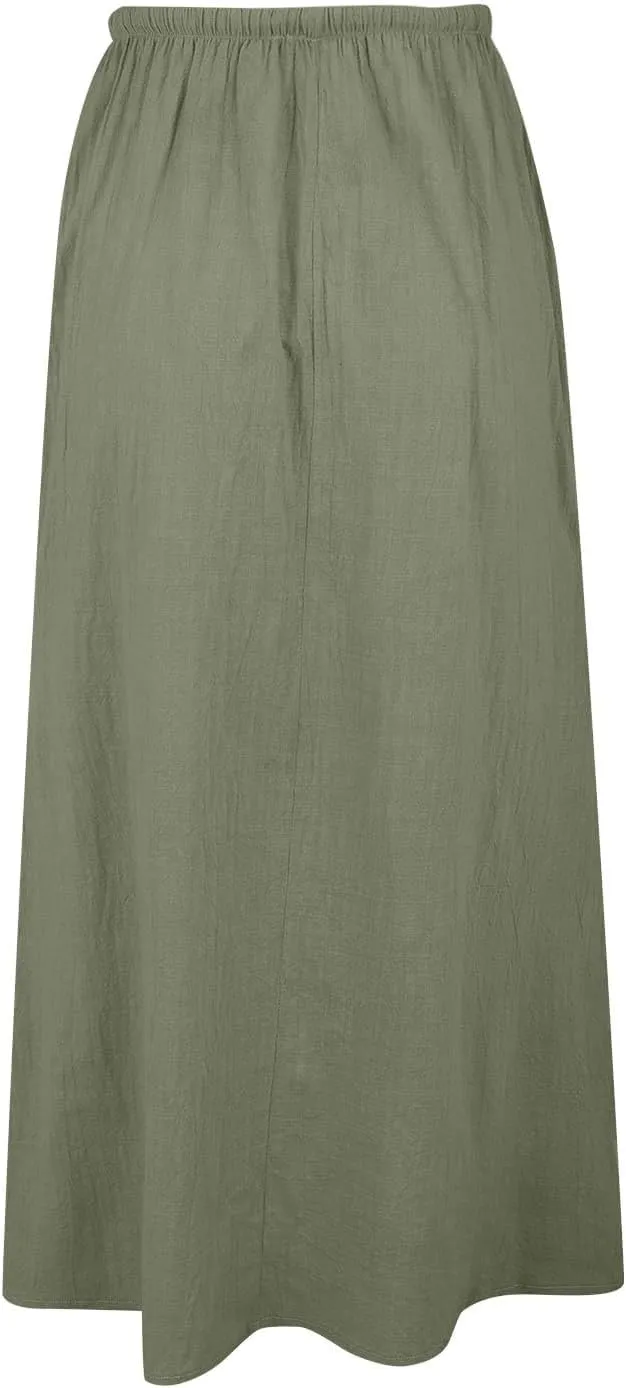 Maxi Skirts for Women Elastic Waist Drawstring Linen Flared Boho Beach Elegant Flowy Ankle Length Skirt with Back Slit