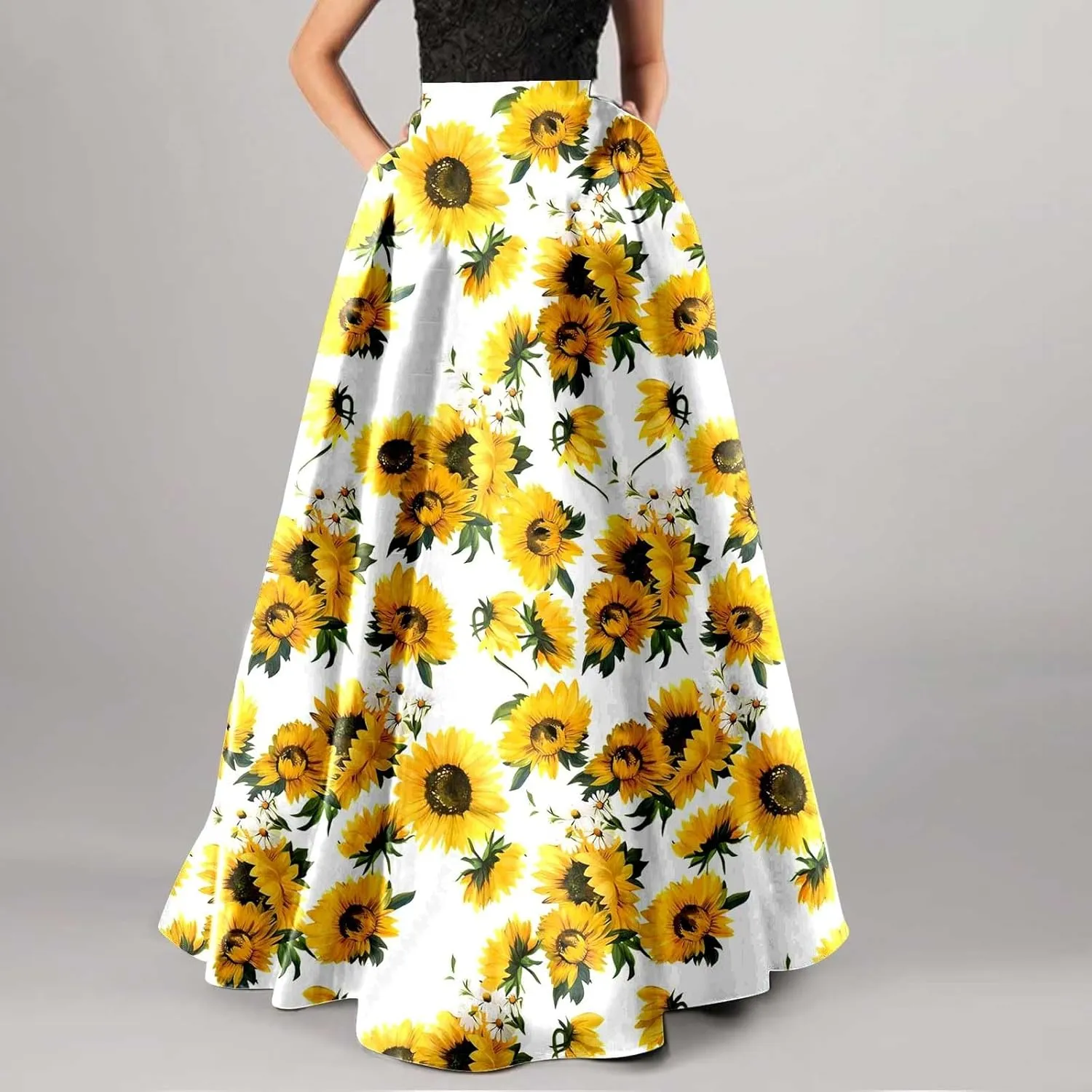 Maxi Skirts for Women Summer Floral Print Boho Long Elastic Waist Dress Beach Vacation Outfit Clothes with Pockets