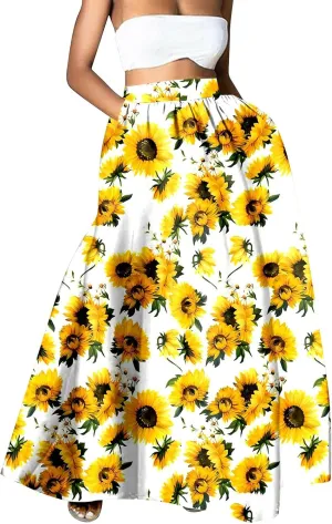 Maxi Skirts for Women Summer Floral Print Boho Long Elastic Waist Dress Beach Vacation Outfit Clothes with Pockets
