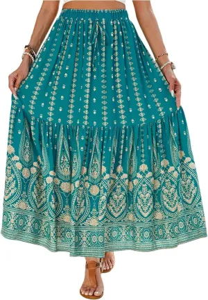 Maxi Skirts for Women Trendy Boho Flowy Elastic High Waisted Tiered Pleated Skirt A-Line Drawstring Beach Vacation Clothes