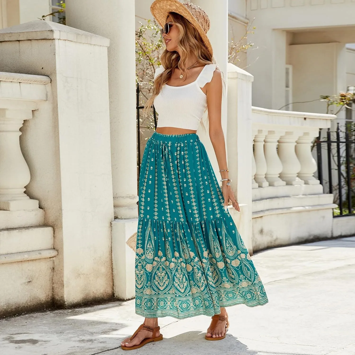 Maxi Skirts for Women Trendy Boho Flowy Elastic High Waisted Tiered Pleated Skirt A-Line Drawstring Beach Vacation Clothes