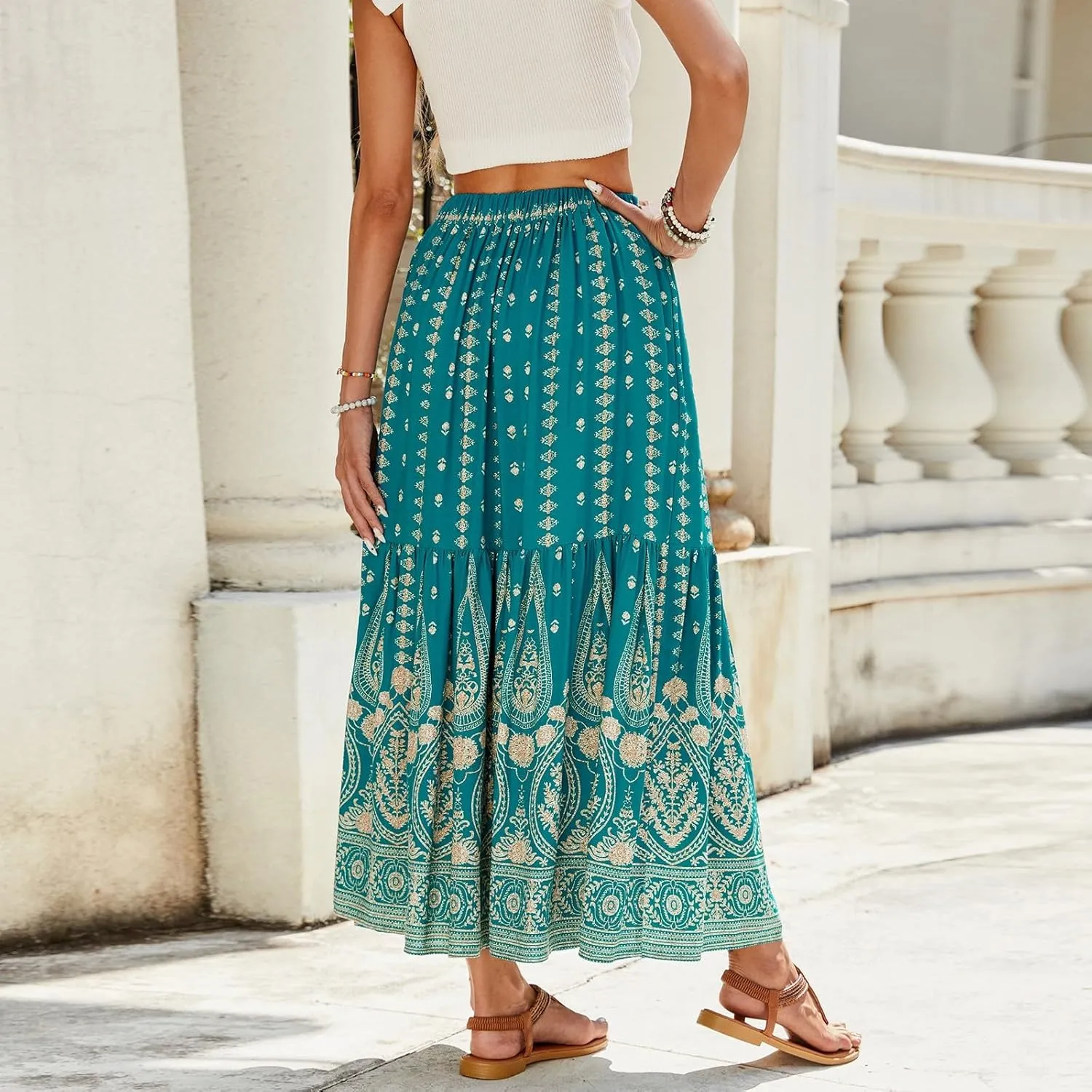 Maxi Skirts for Women Trendy Boho Flowy Elastic High Waisted Tiered Pleated Skirt A-Line Drawstring Beach Vacation Clothes