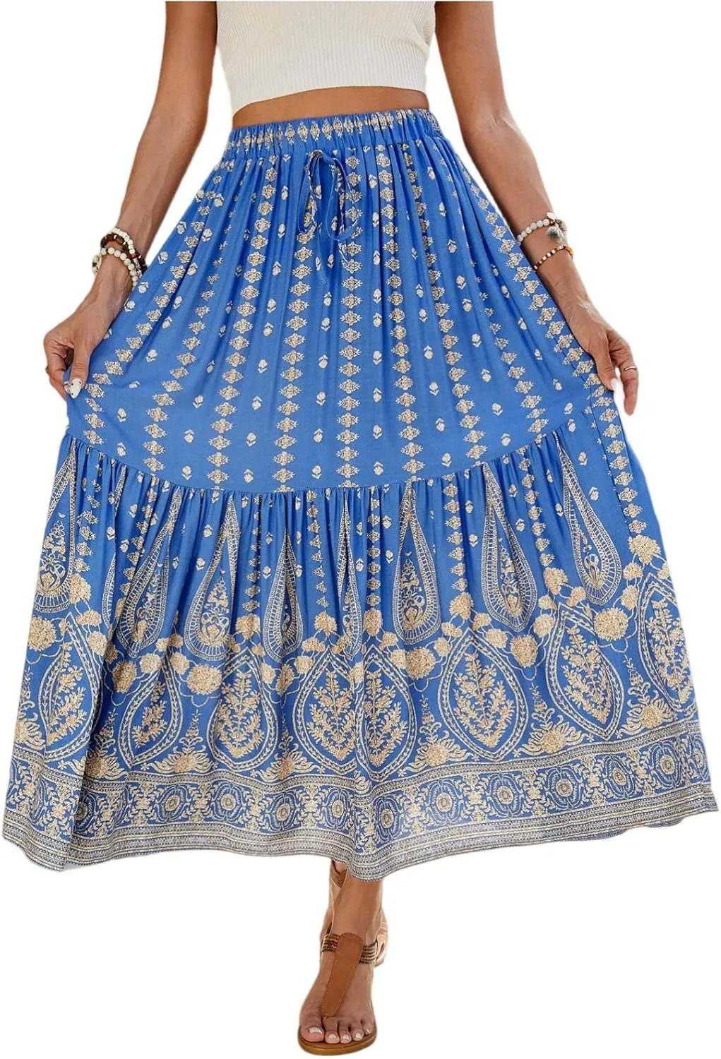 Maxi Skirts for Women Trendy Elastic High Waisted Boho Flowy Tiered Pleated Skirt A-Line Drawstring Beach Vacation Clothes