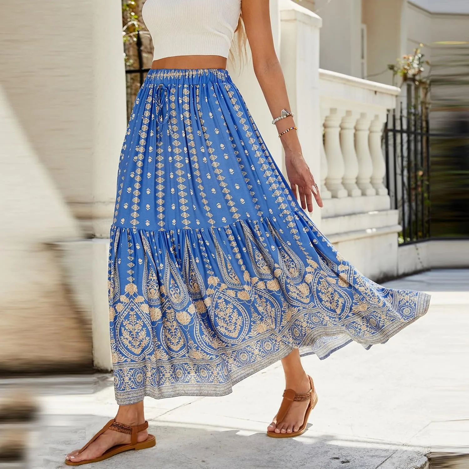 Maxi Skirts for Women Trendy Elastic High Waisted Boho Flowy Tiered Pleated Skirt A-Line Drawstring Beach Vacation Clothes