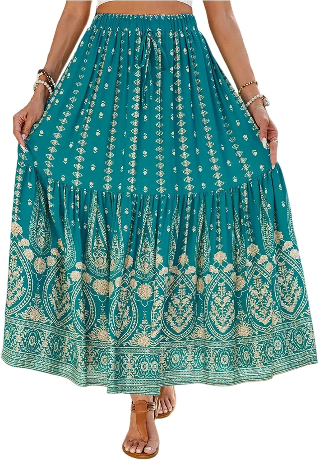 Maxi Skirts for Women Trendy Elastic High Waisted Boho Flowy Tiered Pleated Skirt A-Line Drawstring Beach Vacation Clothes