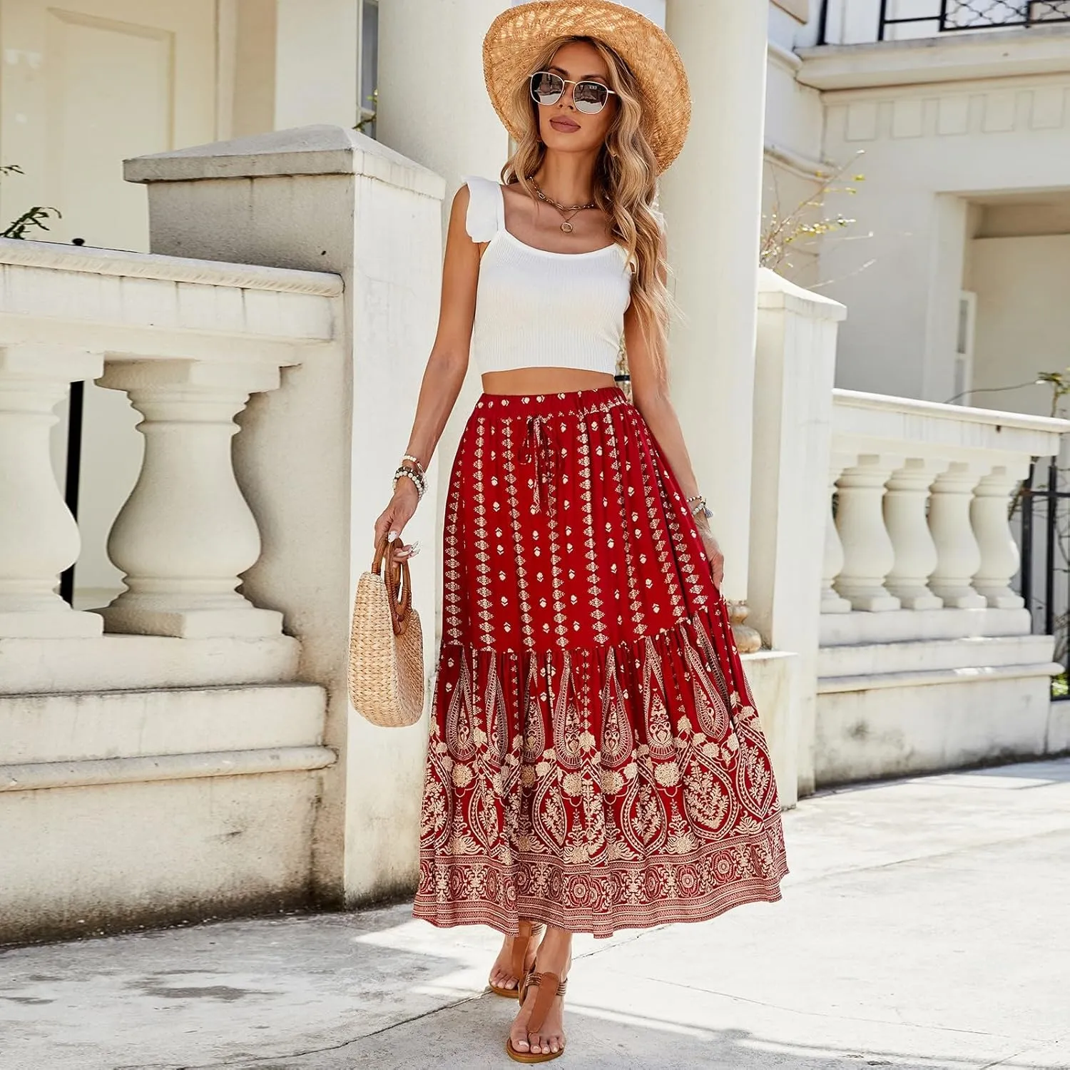 Maxi Skirts for Women Trendy Elastic High Waisted Boho Flowy Tiered Pleated Skirt A-Line Drawstring Beach Vacation Clothes