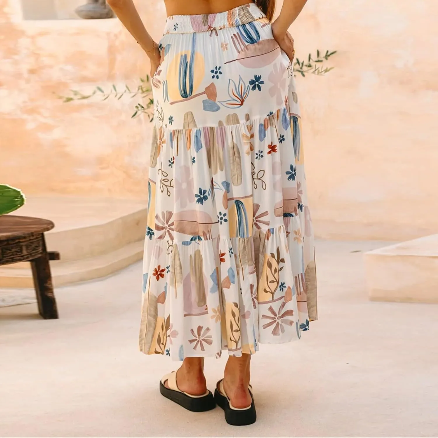 Maxi Skirts for Women Trendy High Waisted Tiered Pleated Skirt A-Line Boho Flowy Beach Skirt Cover Ups for Vacation