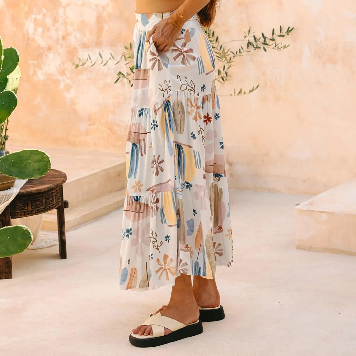 Maxi Skirts for Women Trendy High Waisted Tiered Pleated Skirt A-Line Boho Flowy Beach Skirt Cover Ups for Vacation