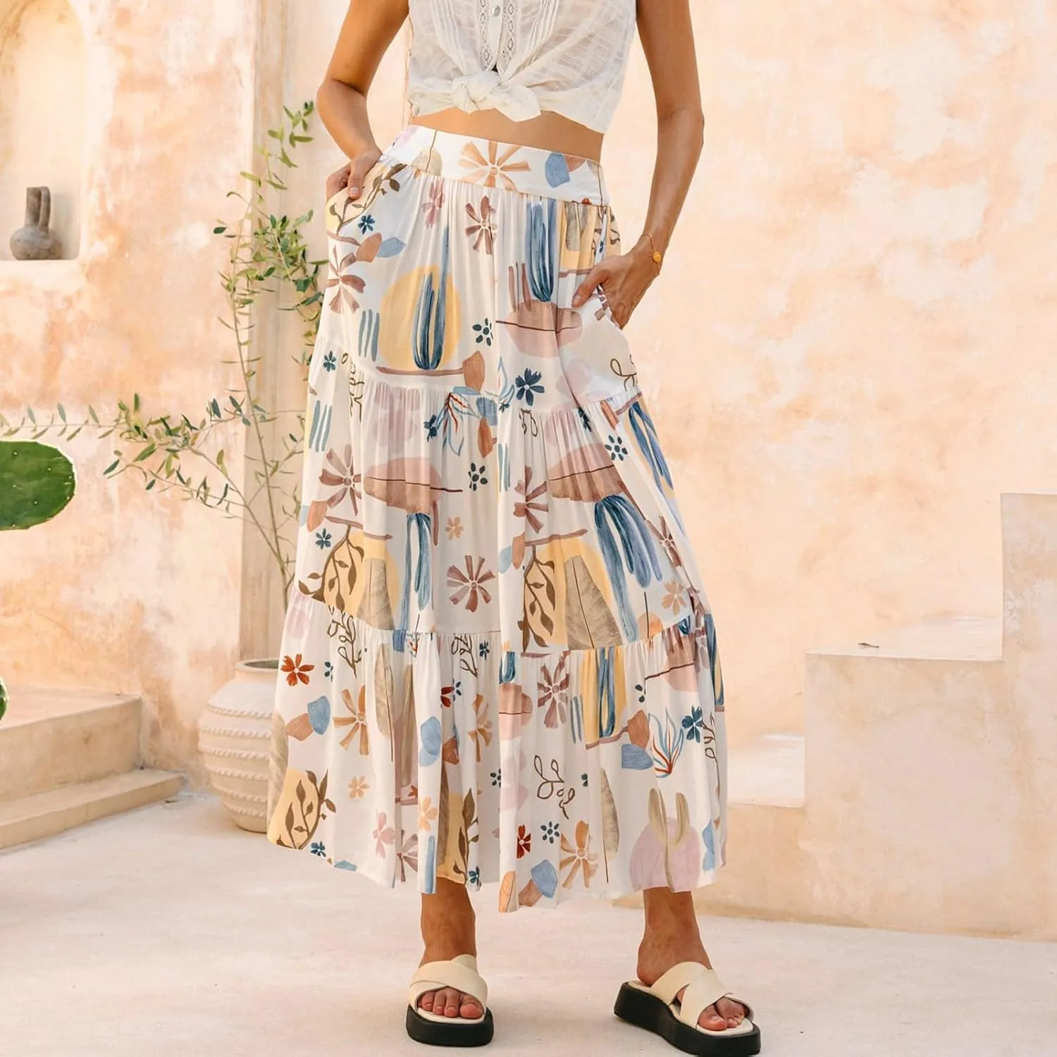 Maxi Skirts for Women Trendy High Waisted Tiered Pleated Skirt A-Line Boho Flowy Beach Skirt Cover Ups for Vacation