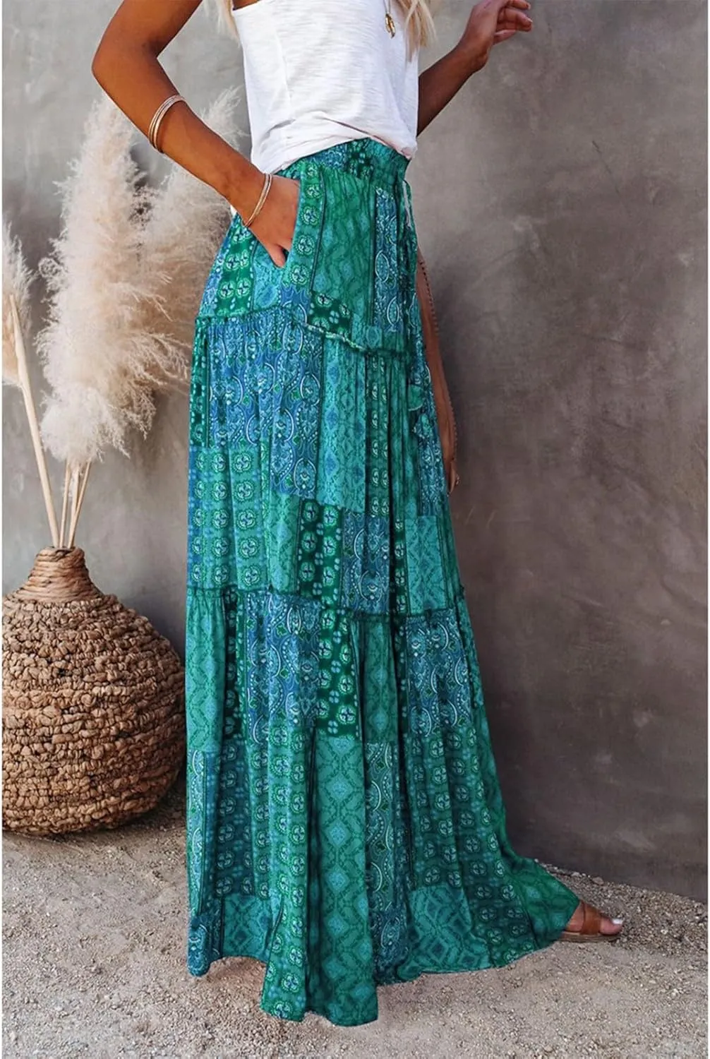 Maxi Skirts for Women,Boho Flowy Skirts Trendy 2025 Summer Vacation Elastic High Waist Drawstring Ruffle Hem