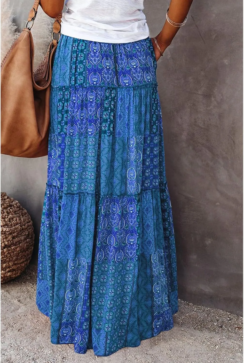Maxi Skirts for Women,Boho Flowy Skirts Trendy 2025 Summer Vacation Elastic High Waist Drawstring Ruffle Hem