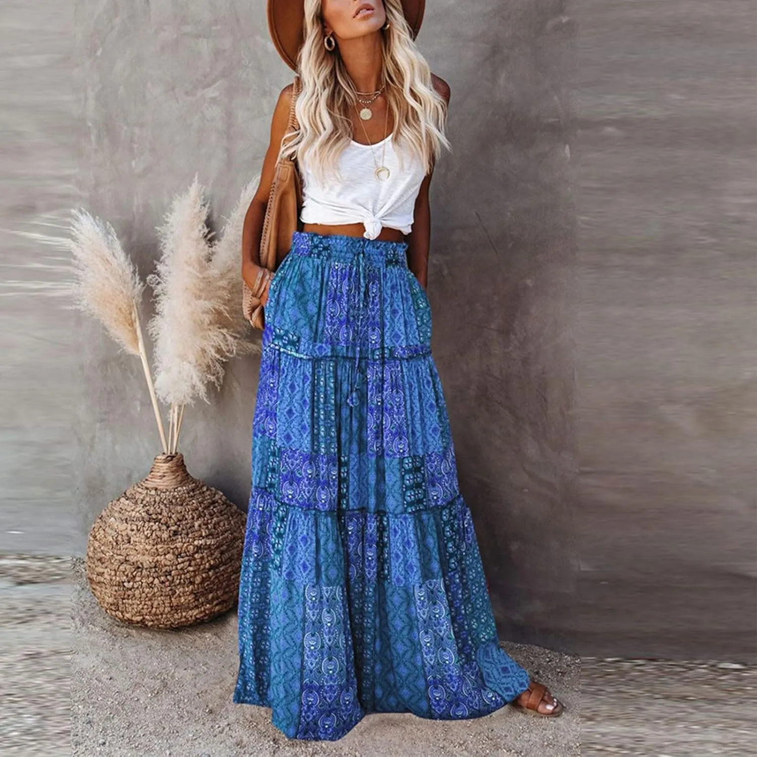 Maxi Skirts for Women,Boho Flowy Skirts Trendy 2025 Summer Vacation Elastic High Waist Drawstring Ruffle Hem