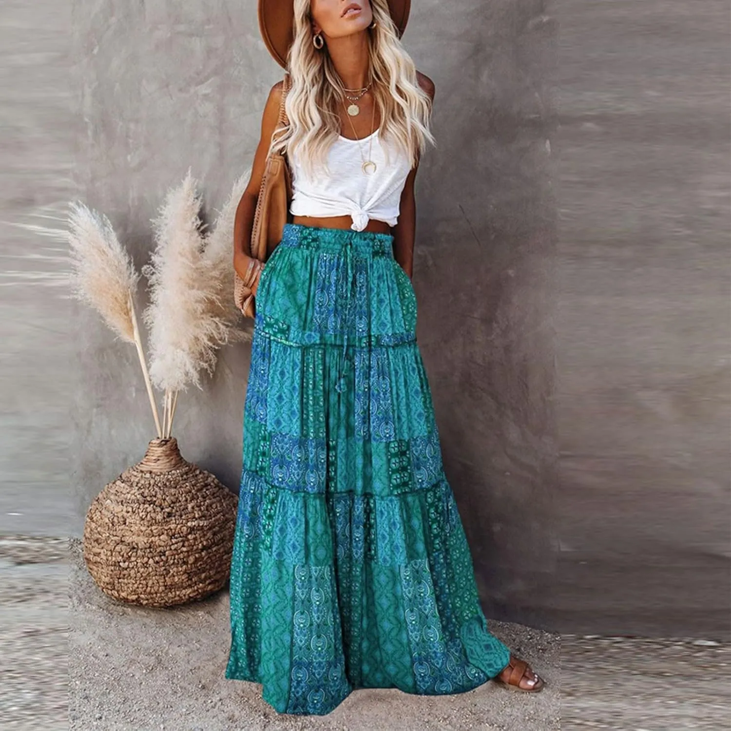 Maxi Skirts for Women,Boho Flowy Skirts Trendy 2025 Summer Vacation Elastic High Waist Drawstring Ruffle Hem