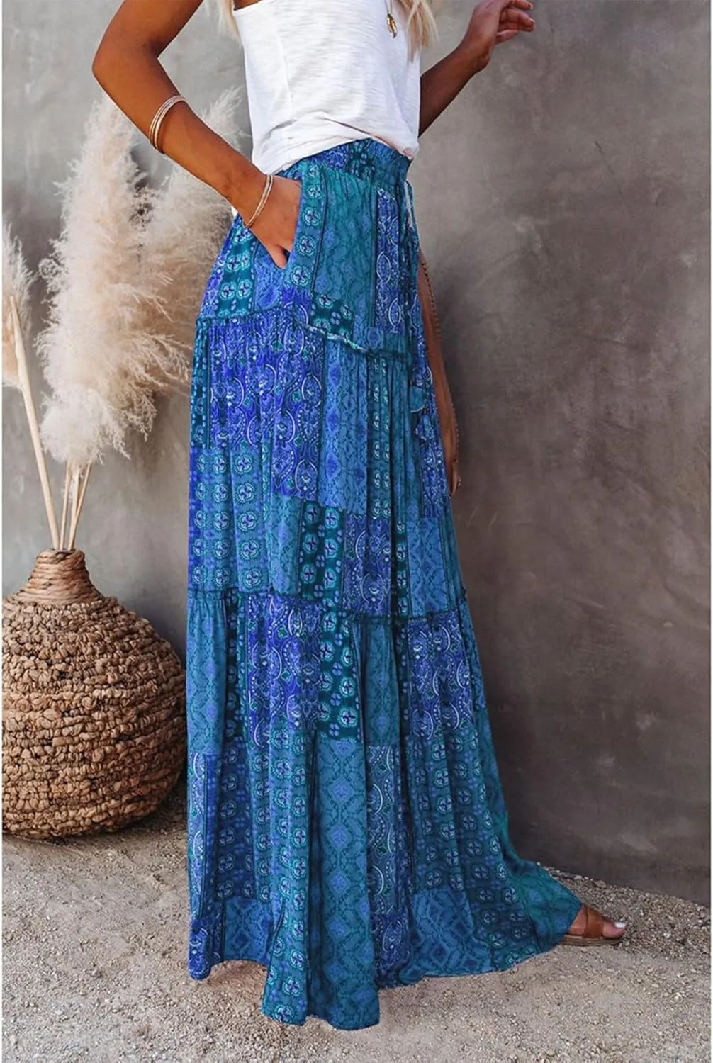 Maxi Skirts for Women,Boho Flowy Skirts Trendy 2025 Summer Vacation Elastic High Waist Drawstring Ruffle Hem