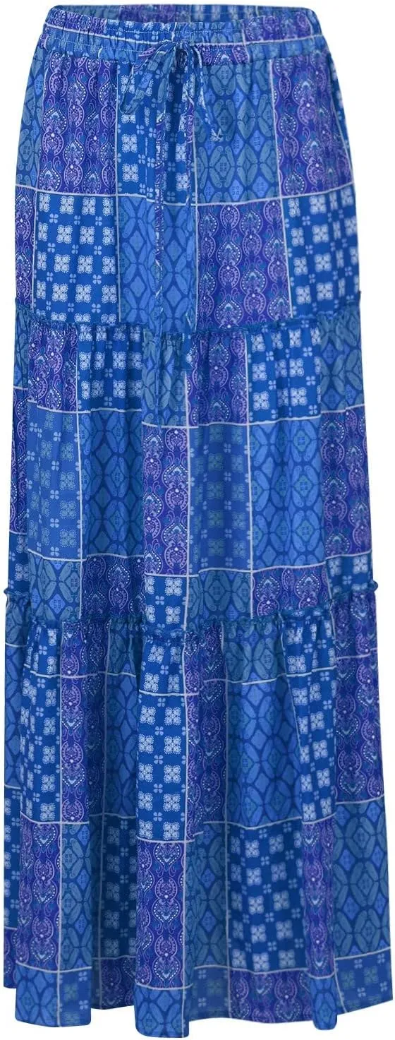 Maxi Skirts for Women,Boho Flowy Skirts Trendy 2025 Summer Vacation Elastic High Waist Drawstring Ruffle Hem