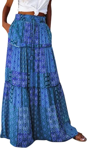 Maxi Skirts for Women,Boho Flowy Skirts Trendy 2025 Summer Vacation Elastic High Waist Drawstring Ruffle Hem