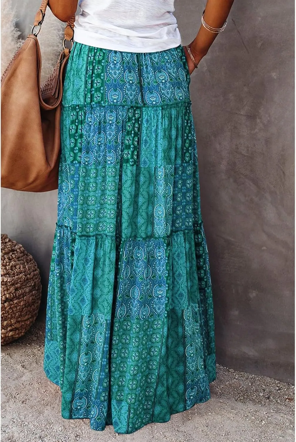 Maxi Skirts for Women,Boho Flowy Skirts Trendy 2025 Summer Vacation Elastic High Waist Drawstring Ruffle Hem