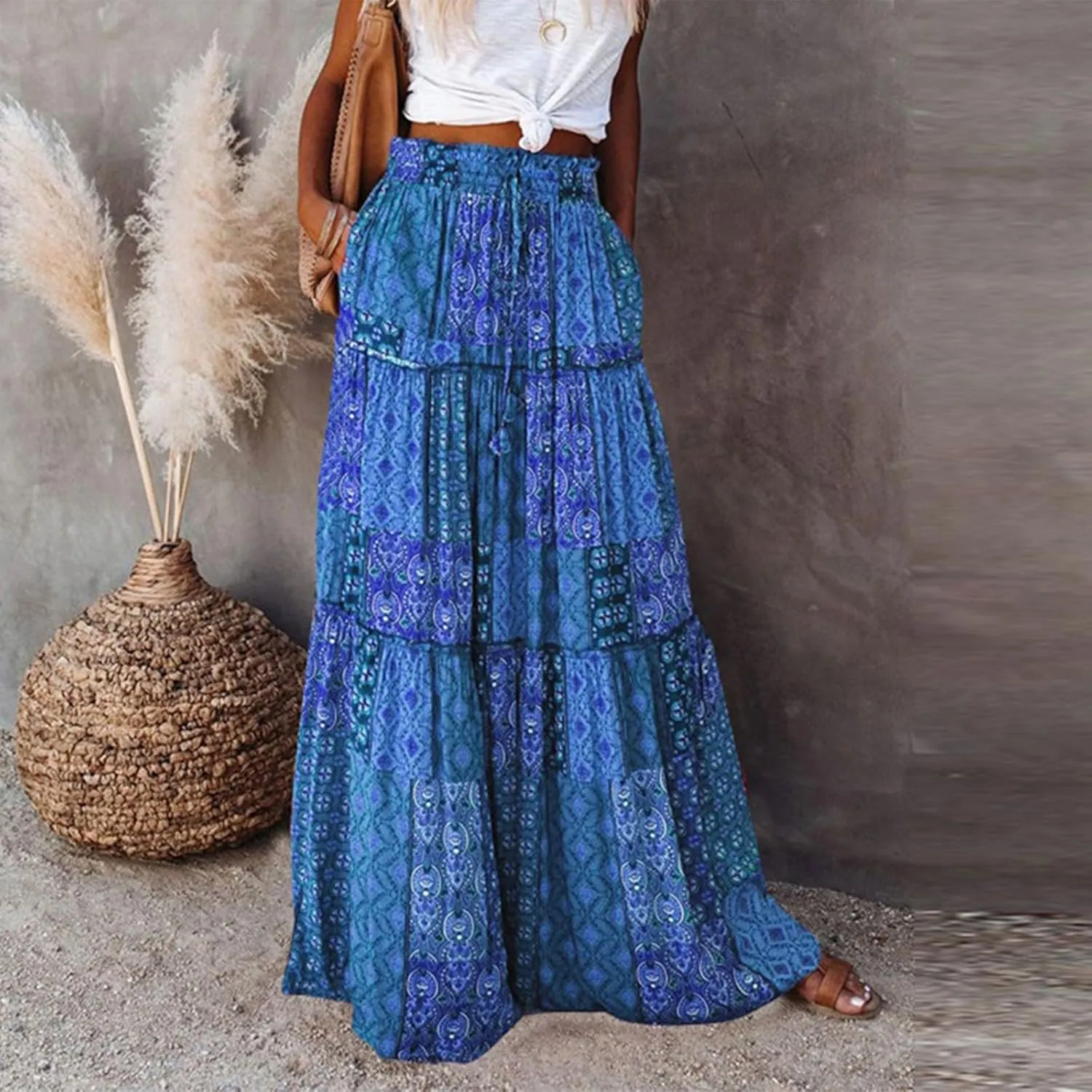 Maxi Skirts for Women,Boho Flowy Skirts Trendy 2025 Summer Vacation Elastic High Waist Drawstring Ruffle Hem