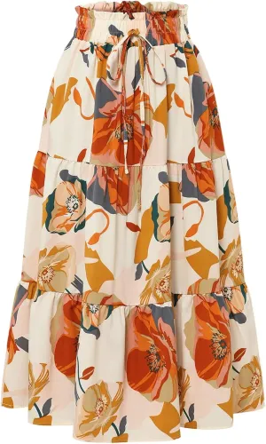 Maxi Skirt,Womens Boho Maxi Skirt with Pockets Elastic High Waisted Linen Summer Flowy Long Skirts for Women 2025