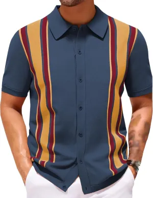 Men Classic Single Breasted Trendy Polo Shirts Striped Color Block Cardigan Tops Summer Loose Lapel Business Shirt