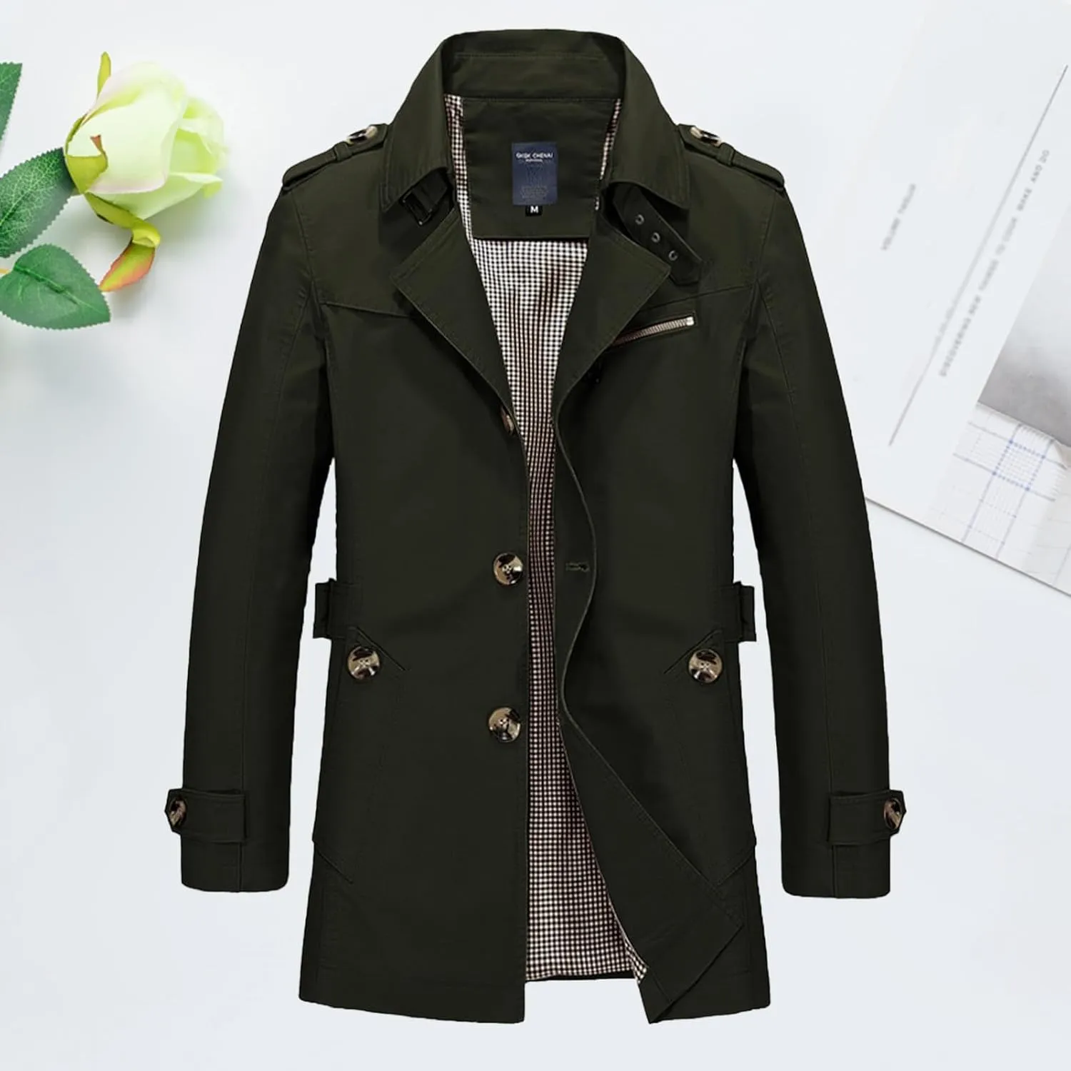 Men Cotton Peacoat Trendy Single Breasted Notch Collar Trench Coat Oversize Business Work Windproof Jacket with Belt
