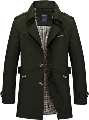 Men Cotton Peacoat Trendy Single Breasted Notch Collar Trench Coat Oversize Business Work Windproof Jacket with Belt