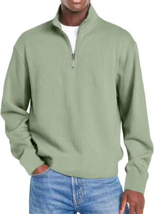 Men Fashion Quarter Zip Pullover Oversize Long Sleeve Mock Neck Texture Polo Sweatshirt Casual Sport Workout Sweater