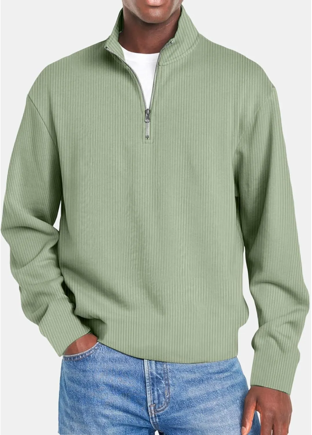 Men Fashion Quarter Zip Pullover Oversize Long Sleeve Mock Neck Texture Polo Sweatshirt Casual Sport Workout Sweater