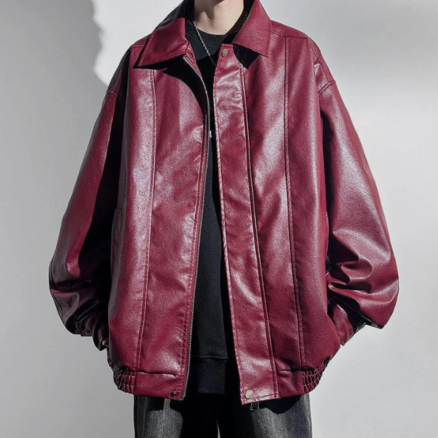 Men Faux Leather Biker Jacket Plus Size Loose Ziper Waterproof Windproof Motorcycle Jacket Lightweight Punk Slim Coat