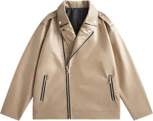 Men Faux Leather Jacket Lapel Collar Motorcycle Irregular Zip Long Sleeve Motor Biker Short Coat Jackets with Pocket