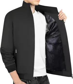 Men Fleece Sherpa Lined Jacket Thicken Warm Full Zip Winter Coat Long Sleeve Stand Collar Outwear with Lined Pockets