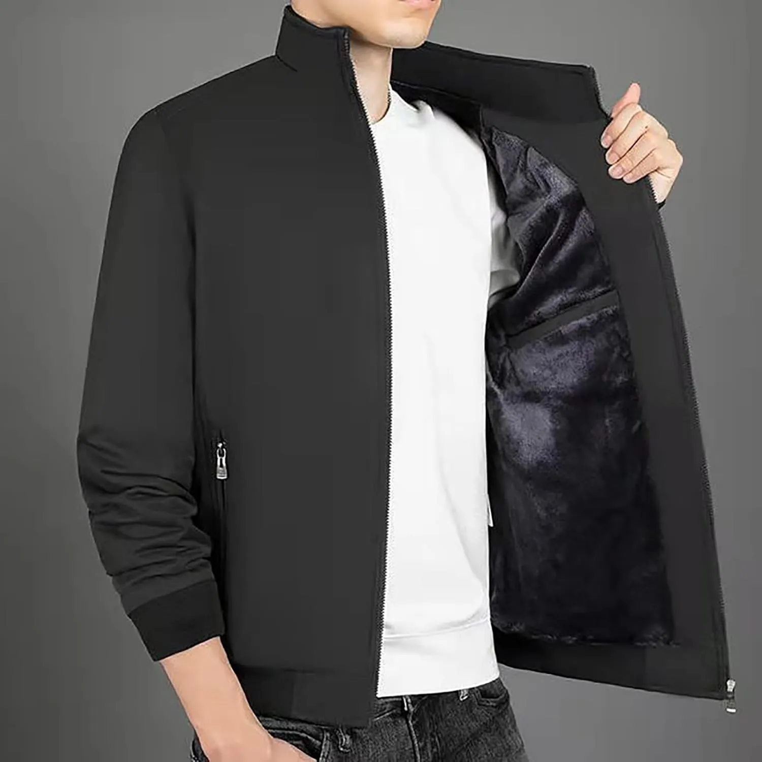 Men Fleece Sherpa Lined Jacket Thicken Warm Full Zip Winter Coat Long Sleeve Stand Collar Outwear with Lined Pockets