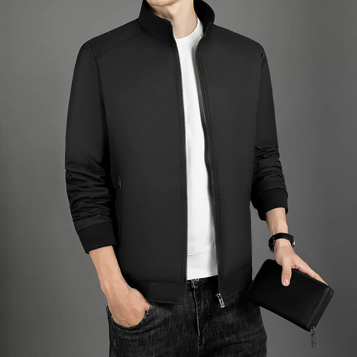 Men Fleece Sherpa Lined Jacket Thicken Warm Full Zip Winter Coat Long Sleeve Stand Collar Outwear with Lined Pockets