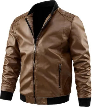 Men Leather Jacket Casual Solid Coat Simple Sports Zipper Coat Jacket Motorcycle Lightweight Faux Leather Outwear