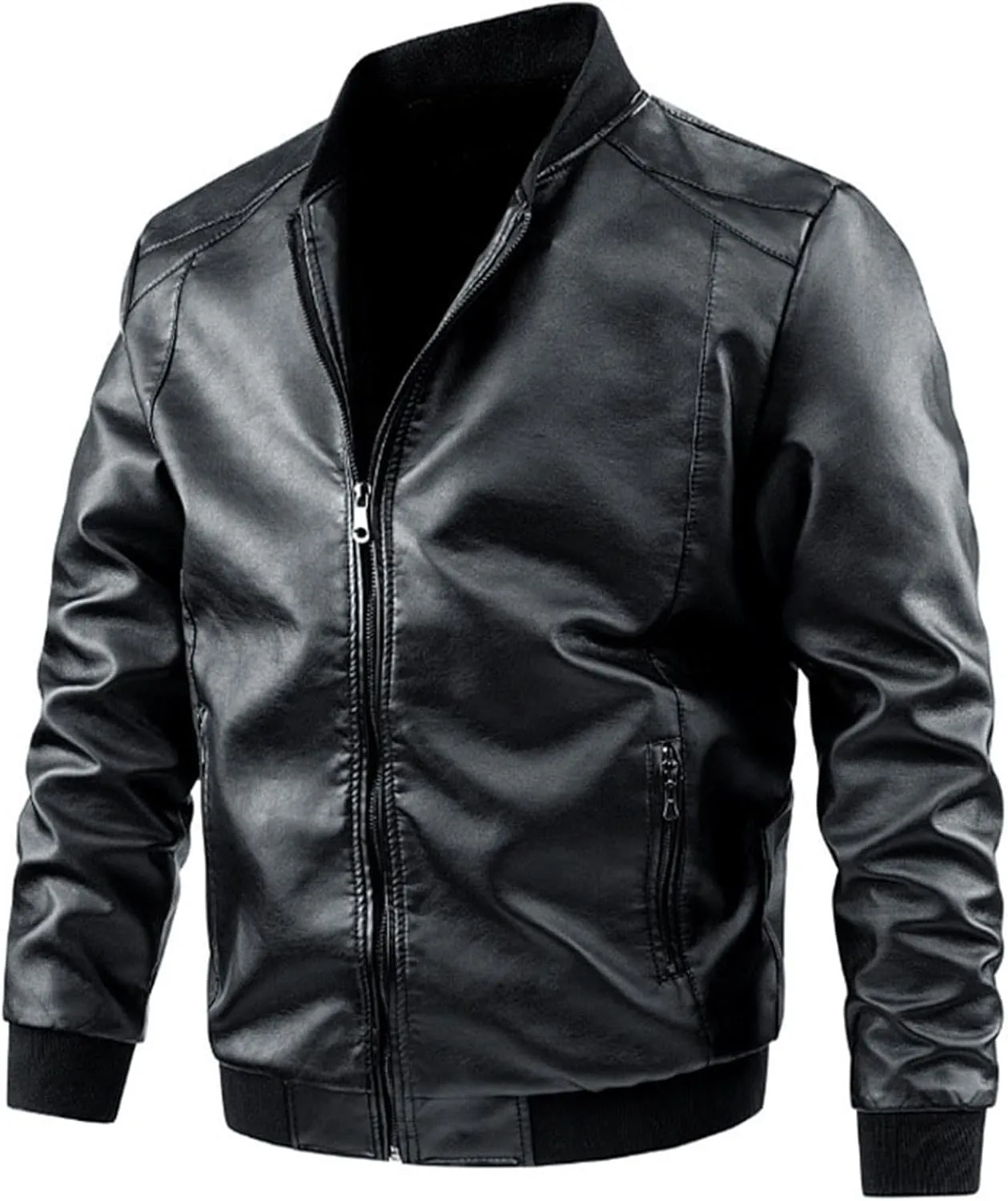 Men Leather Jacket Casual Solid Coat Simple Sports Zipper Coat Jacket Motorcycle Lightweight Faux Leather Outwear