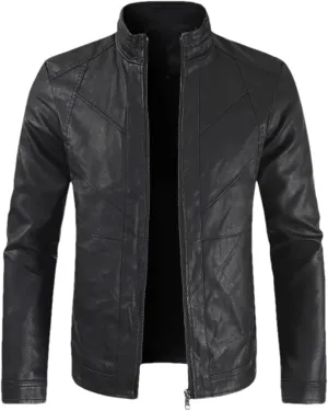 Men Leather Jacket Casual Stand Collar Full Zip Motorcycle PU Leather Jacket Coat Male Outerwear