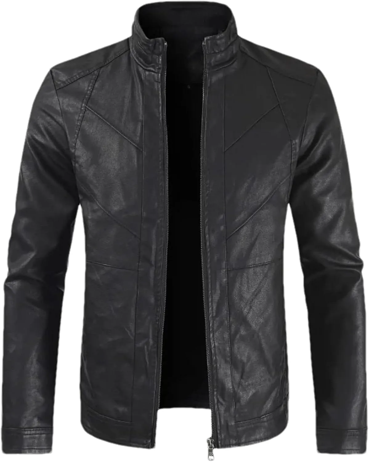Men Leather Jacket Casual Stand Collar Full Zip Motorcycle PU Leather Jacket Coat Male Outerwear