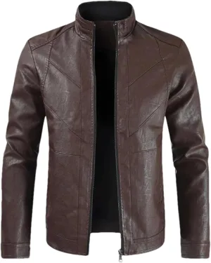 Men Leather Jacket Casual Stand Collar Full Zip Motorcycle PU Leather Jacket Coat Male Outerwear