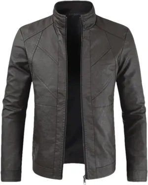 Men Leather Jacket Casual Stand Collar Full Zip Motorcycle PU Leather Jacket Coat Male Outerwear