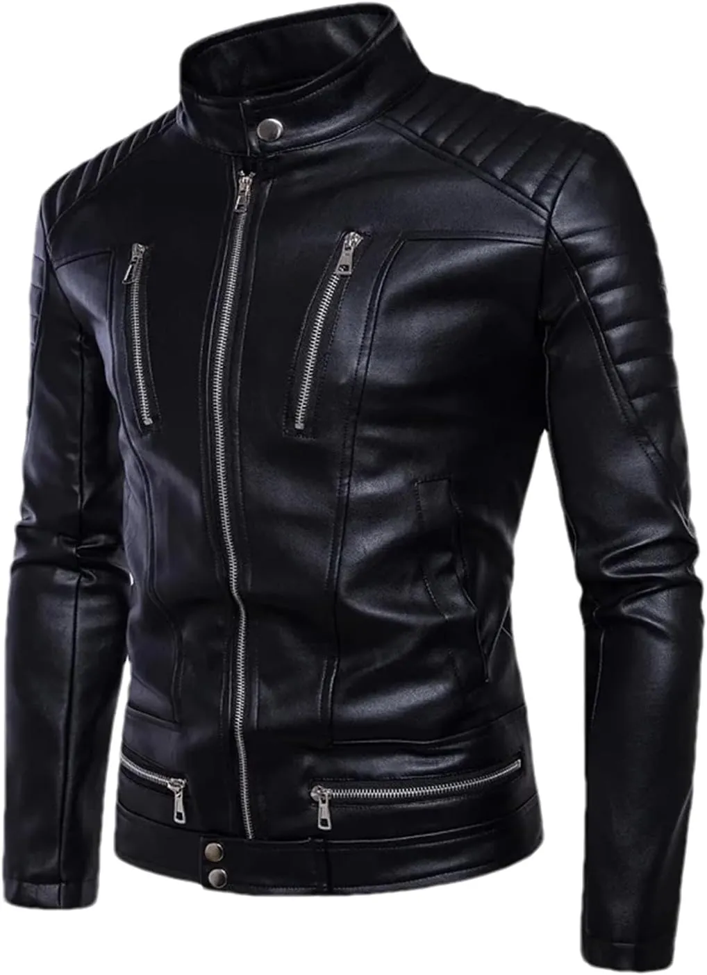 Men Leather Jacket Winter Black PU Leather Jacket Fashion Multi-Zipper Stand Collar Motorcycle Leather Coat