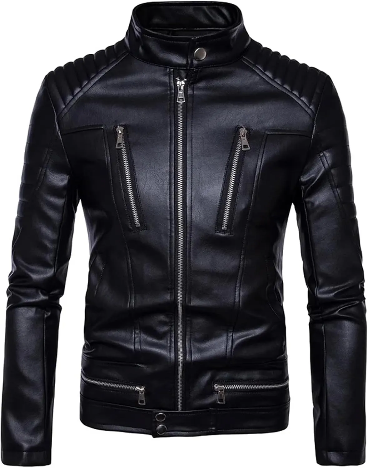 Men Leather Jacket Winter Black PU Leather Jacket Fashion Multi-Zipper Stand Collar Motorcycle Leather Coat