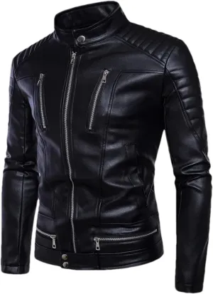 Men Leather Jacket Winter Black PU Leather Jacket Fashion Multi-Zipper Stand Collar Motorcycle Leather Coat