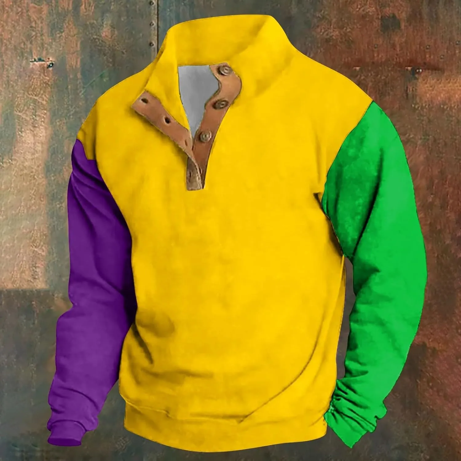 Men Mardi Gras Sweatshirts Stylish Color Block Half Button Pullover Plus Size Casual Long Sleeve Carnival Top Sweater