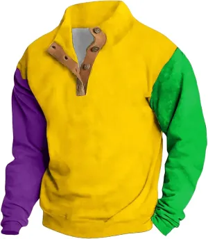 Men Mardi Gras Sweatshirts Stylish Color Block Half Button Pullover Plus Size Casual Long Sleeve Carnival Top Sweater