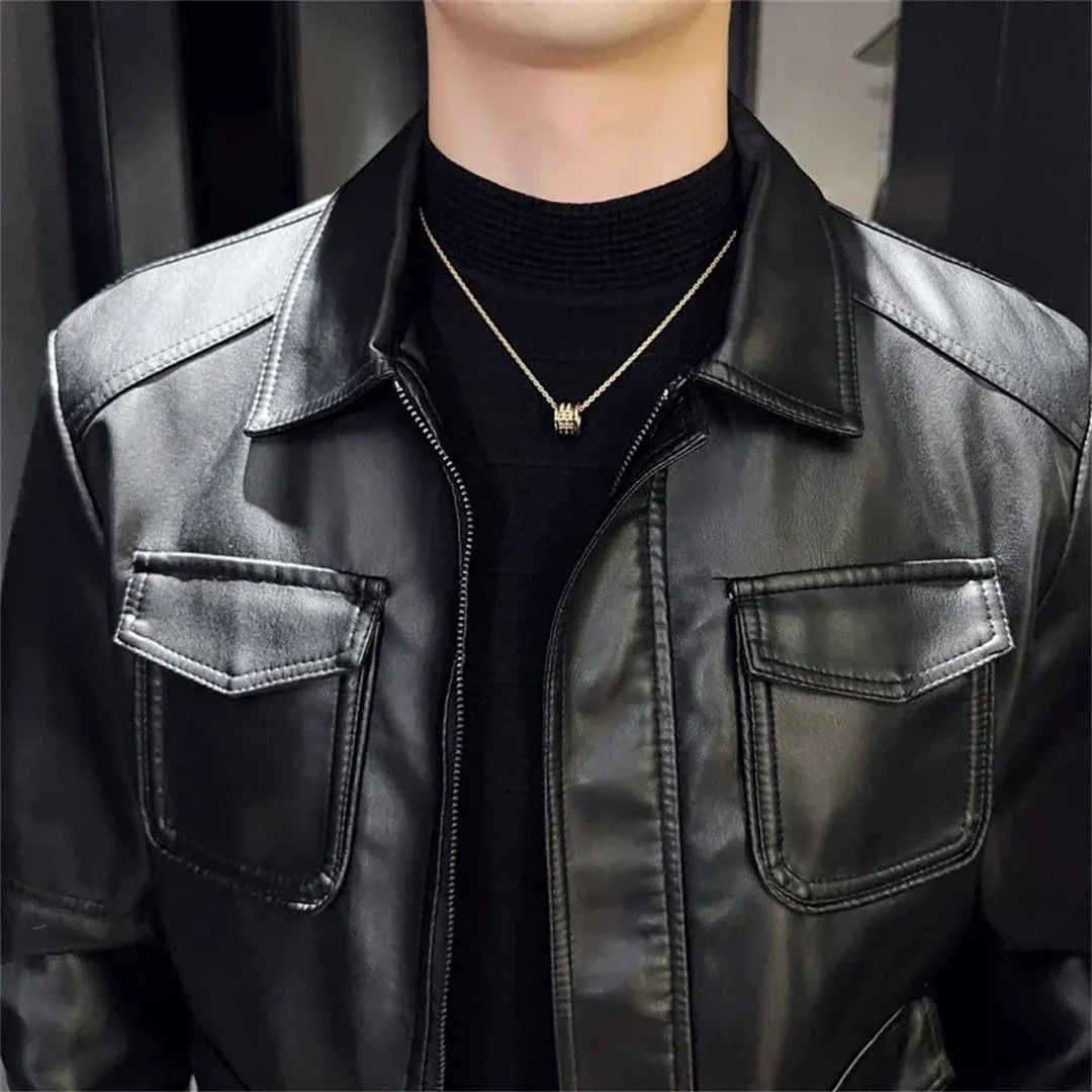 Men Motorcycle Leather Jacket Soft Thin Slim Leather Jacket