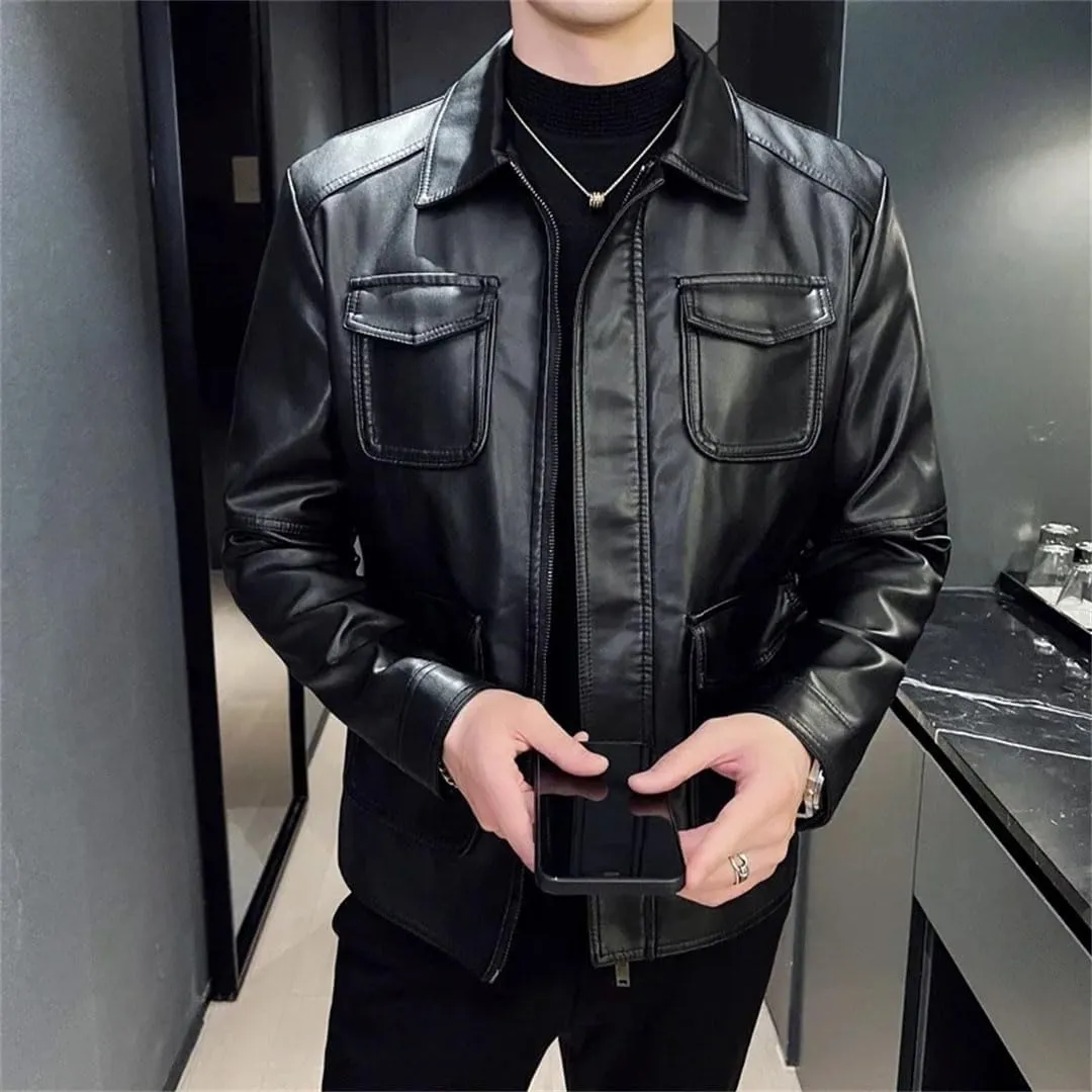 Men Motorcycle Leather Jacket Soft Thin Slim Leather Jacket